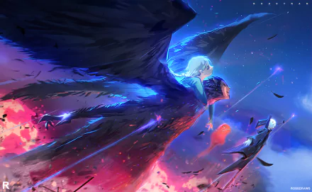 An HD desktop wallpaper featuring a dramatic sky with vibrant colors and large wings inspired by anime, capturing a scene reminiscent of Howl's Moving Castle.