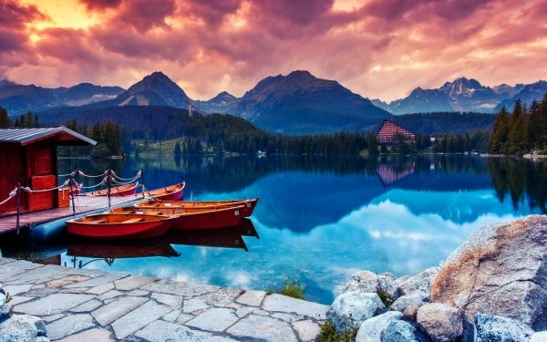 Vehicles Canoe Boat Slovakia Lake Mountain Sunset HD Wallpaper | Background Image