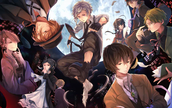 HD desktop wallpaper featuring characters from the anime Bungou Stray Dogs, set against a dramatic moonlit backdrop with a mix of action and intrigue.