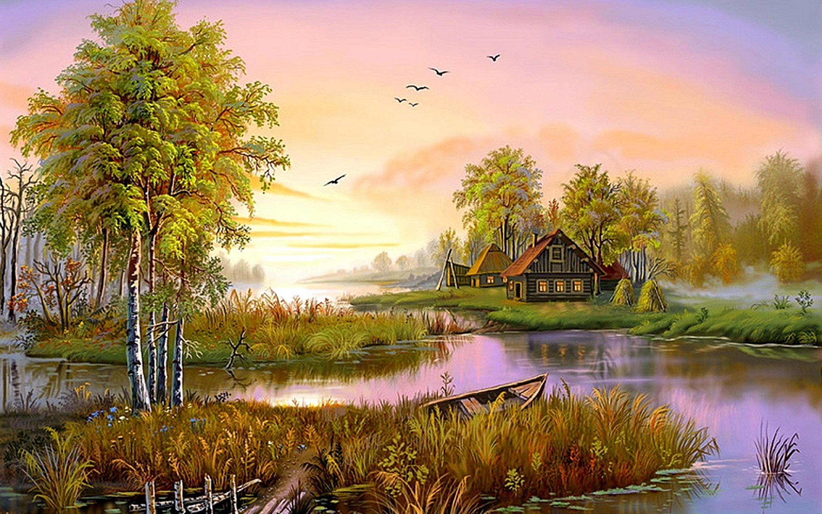 Download Boat House Spring Lake Artistic Painting HD Wallpaper   740180 