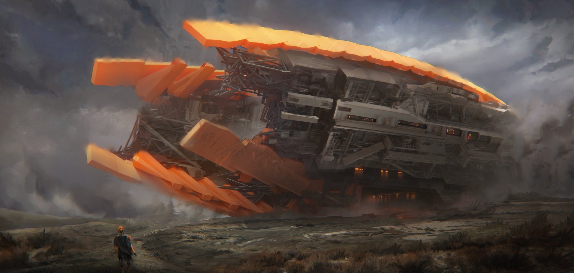 A futuristic spaceship, glowing with orange accents, looms over a desolate landscape under a dramatic sky. This HD sci-fi wallpaper captures an imaginative scene for any desktop background.
