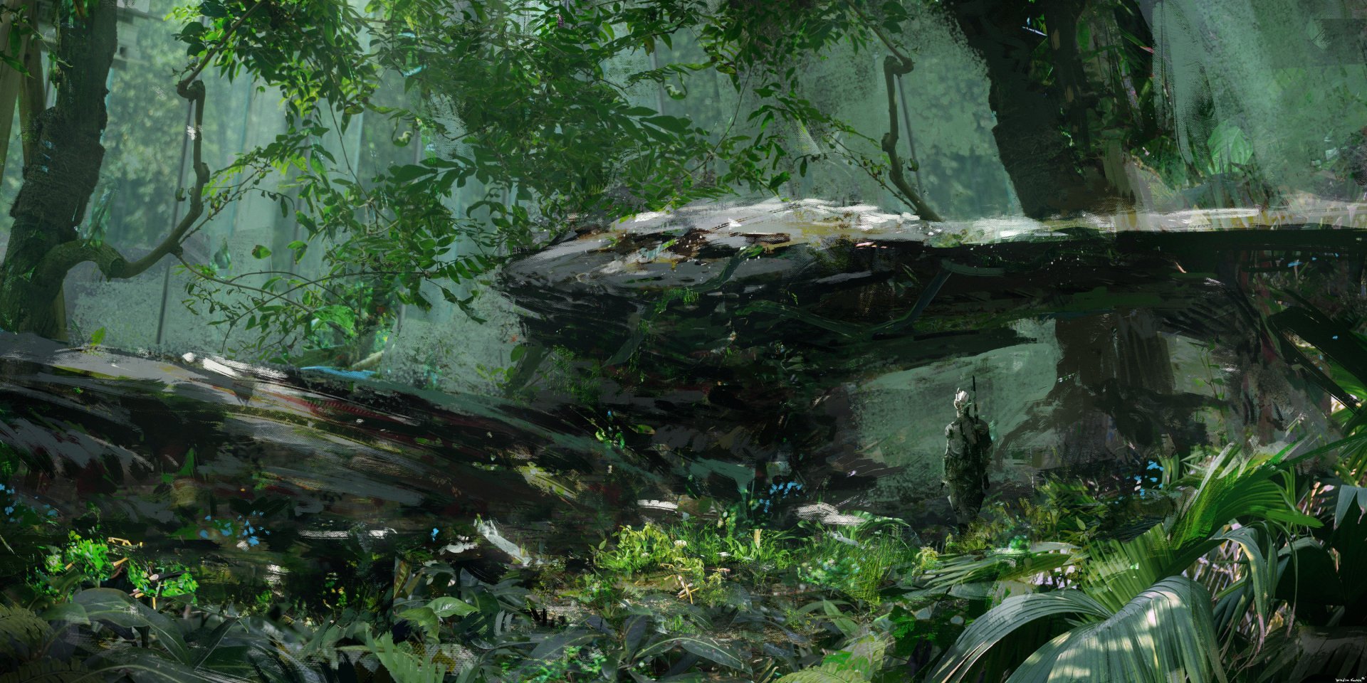 Fantasy forest scene with towering ancient stone formations and lush greenery, rendered in HD for a vivid PC desktop wallpaper background.