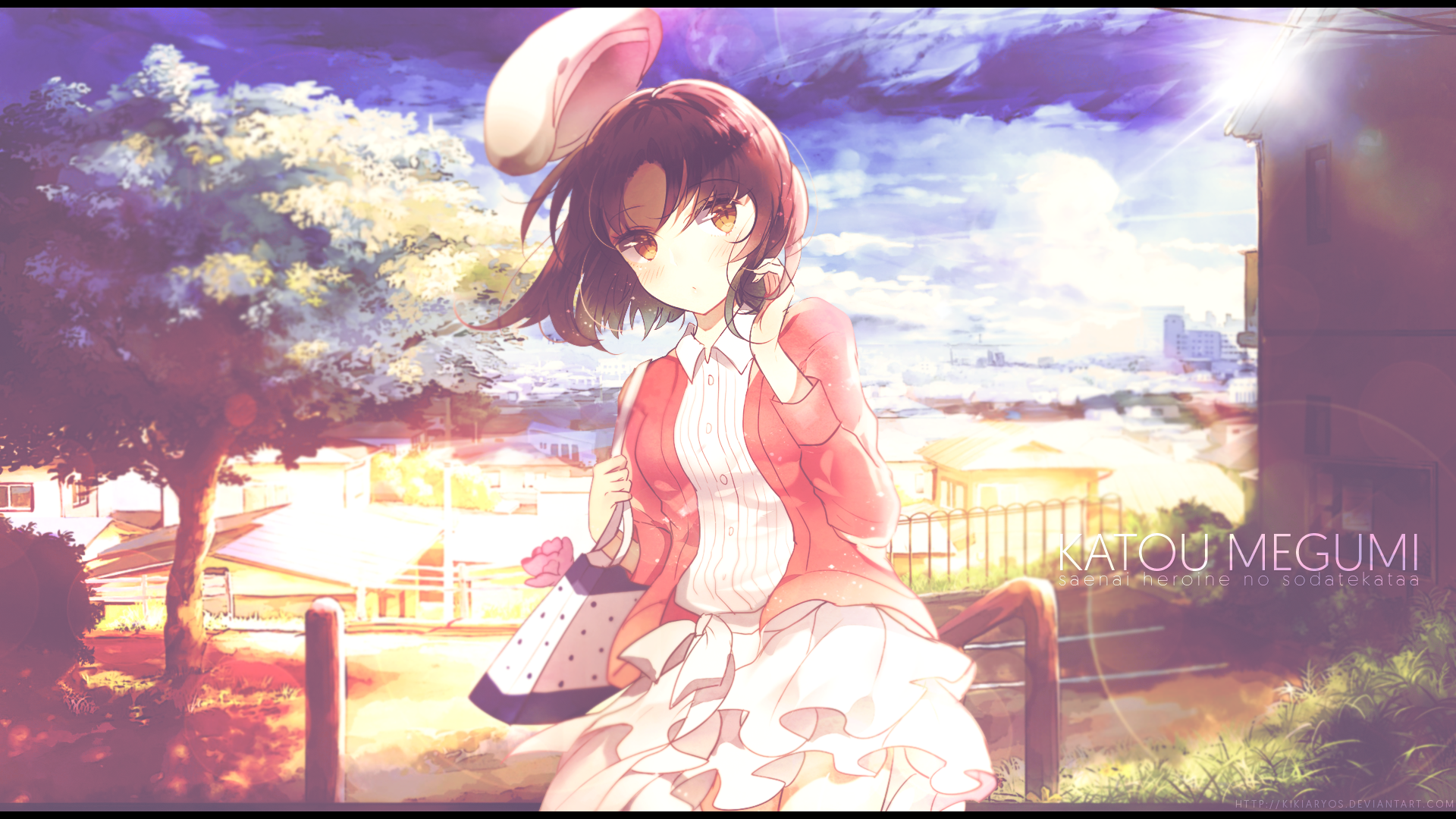 HD PC desktop wallpaper featuring Megumi Katō from the anime Saekano: How to Raise a Boring Girlfriend, set against a bright, scenic outdoor background.