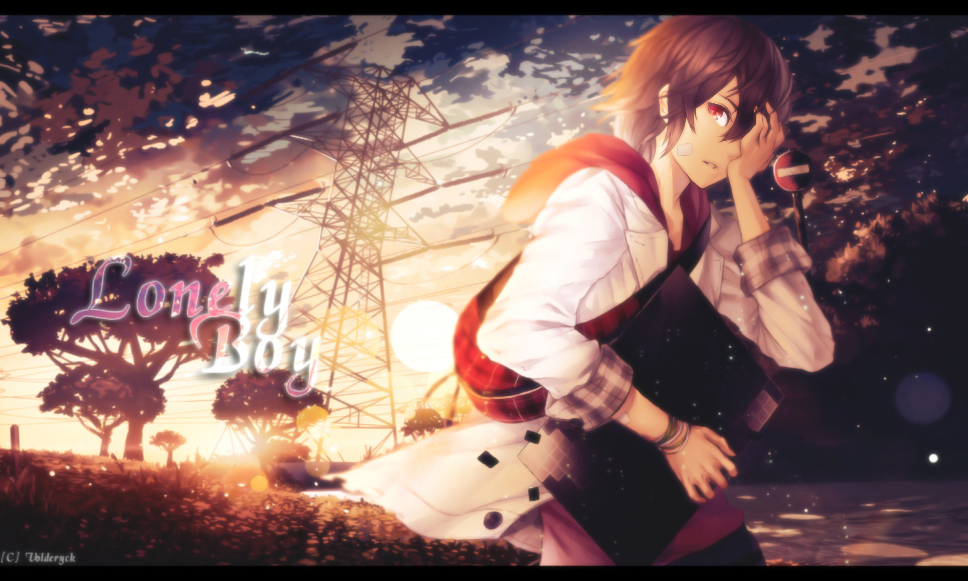 HD anime original artwork of a thoughtful boy sitting outdoors near power lines at sunset, designed as a PC desktop wallpaper background.