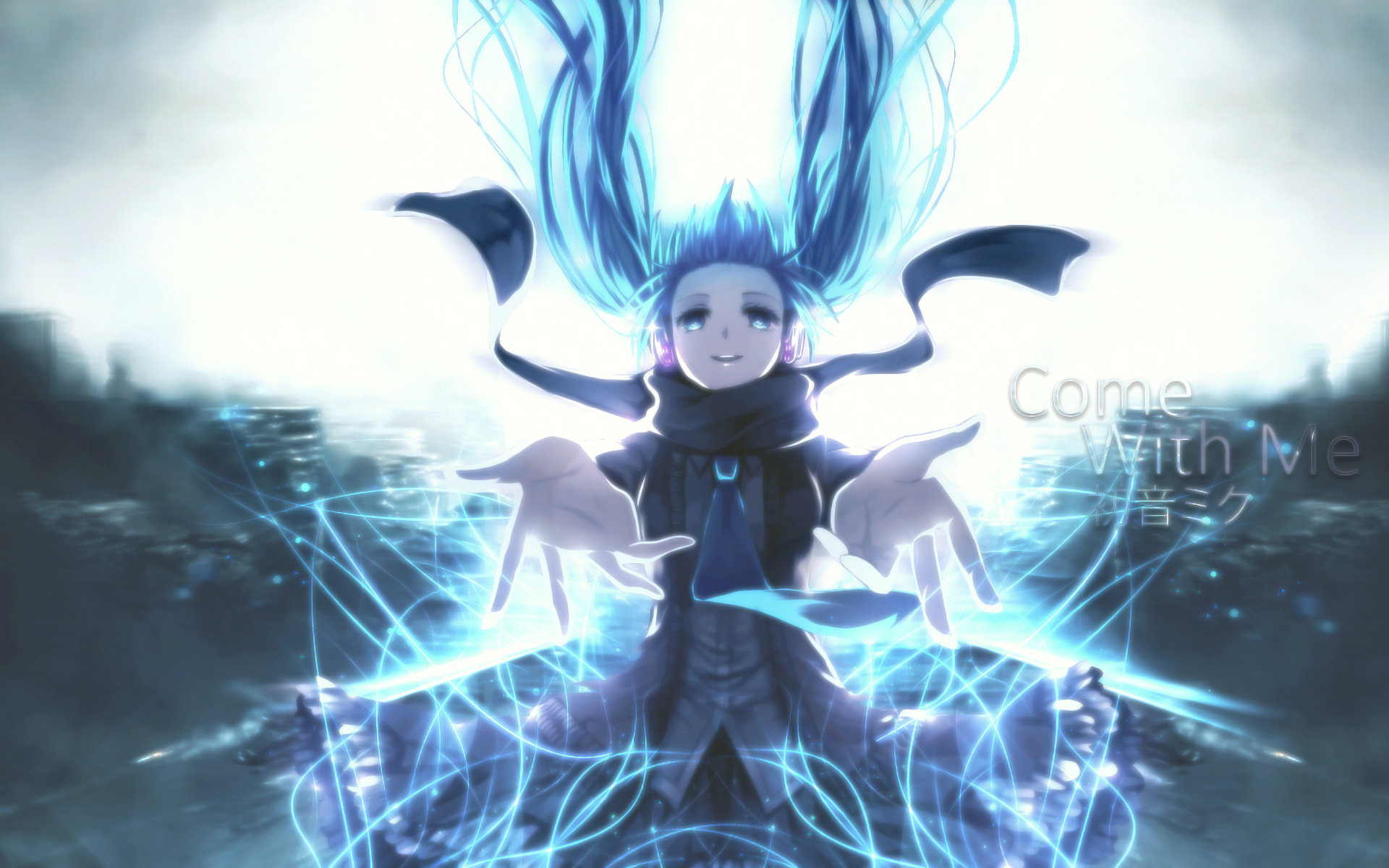 HD anime desktop wallpaper featuring Hatsune Miku with glowing blue hair and magical energy, showcasing the iconic Vocaloid character in a dynamic, futuristic scene.