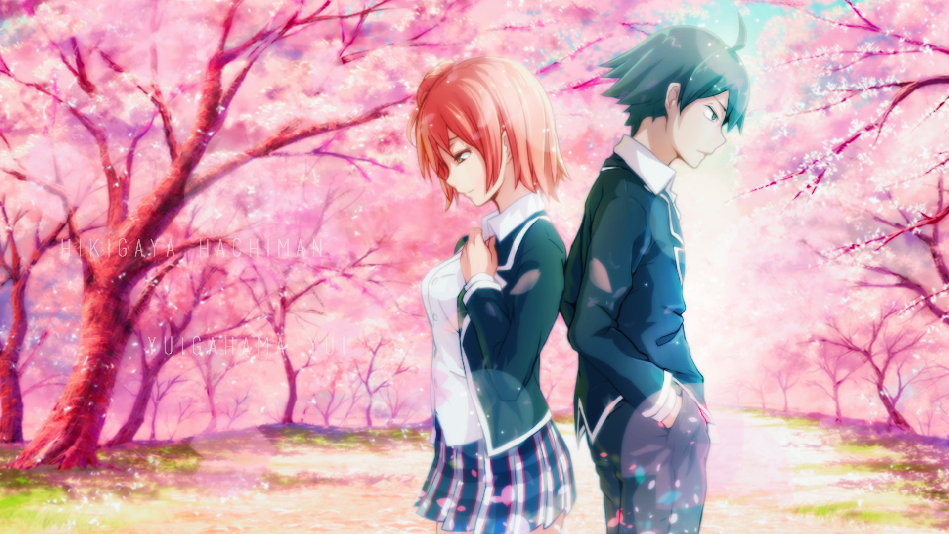Hachiman Hikigaya and Yui Yuigahama stand back to back under blooming cherry blossoms, capturing the essence of My Teen Romantic Comedy SNAFU in this vibrant HD wallpaper.