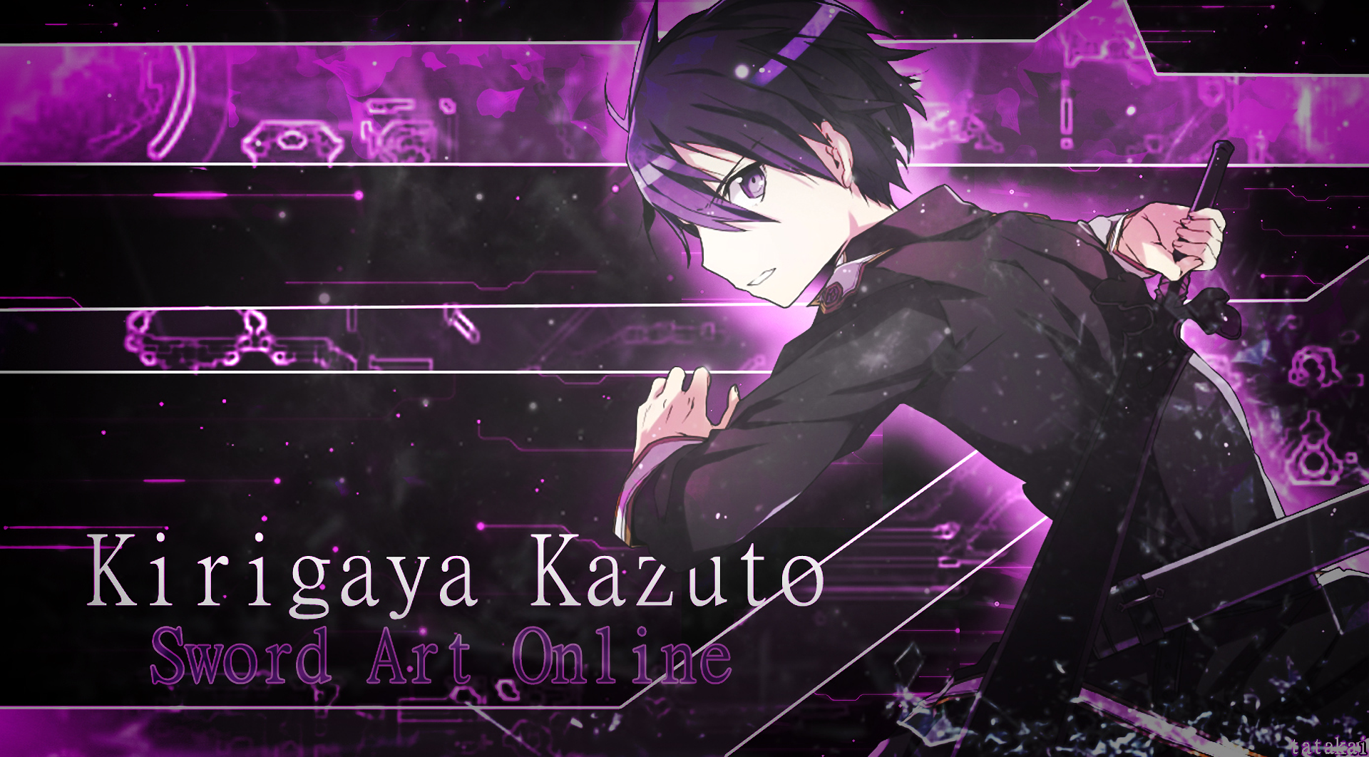 Anime HD desktop wallpaper of Kirigaya Kazuto from Sword Art Online, featuring a dynamic purple and black digital background with sci-fi elements.
