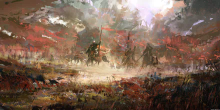 A fantasy warrior knight stands in a misty, battle-worn landscape under a dramatic sky, rendered in a dynamic, painterly HD style for a PC desktop wallpaper.