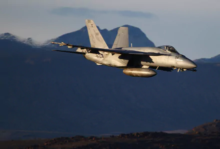 Boeing F/A-18E/F Super Hornet warplane in flight against a mountainous backdrop, showcasing the sleek design of this military jet fighter.