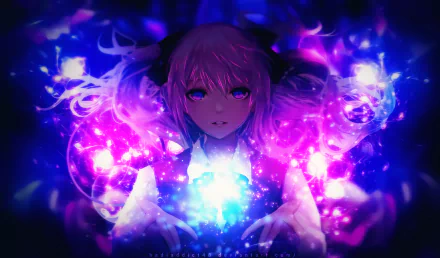 Vibrant HD desktop wallpaper of Hatsune Miku (Vocaloid): glowing-eyed anime figure surrounded by swirling purple and blue light, holding a bright radiant orb.