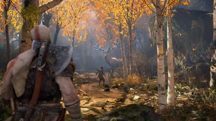 A visually striking HD wallpaper from the video game God of War (2018), showcasing a vibrant forest scene with Kratos and Atreus amidst autumn foliage and mystical lighting.