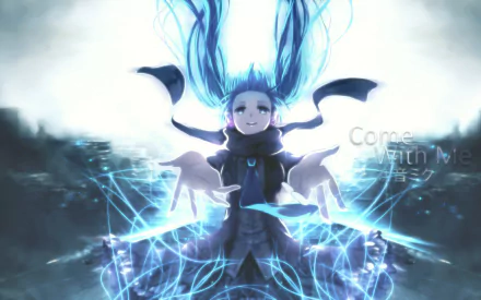 HD anime desktop wallpaper featuring Hatsune Miku with glowing blue hair and magical energy, showcasing the iconic Vocaloid character in a dynamic, futuristic scene.