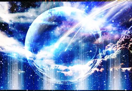 HD anime wallpaper and background from Your Name. featuring a stunning cosmic scene with a glowing orb amidst a vibrant array of clouds and beams of light.