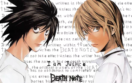Anime-themed HD desktop wallpaper featuring iconic characters from Death Note, with the text I am Justice prominently displayed.
