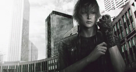 Noctis Lucis Caelum stands in a rain-soaked cityscape from Final Fantasy XV, showcasing a dramatic and moody atmosphere in this HD desktop wallpaper.
