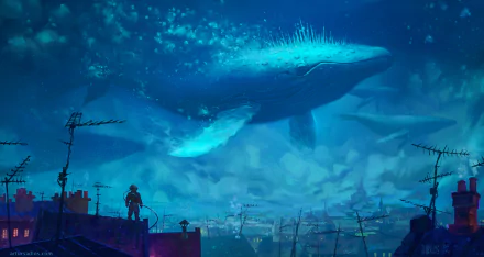 A fantasy underwater city scene in blue tones features a giant whale swimming above rooftops, blending urban and marine elements in an imaginative HD desktop wallpaper.