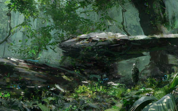 Fantasy forest scene with towering ancient stone formations and lush greenery, rendered in HD for a vivid PC desktop wallpaper background.