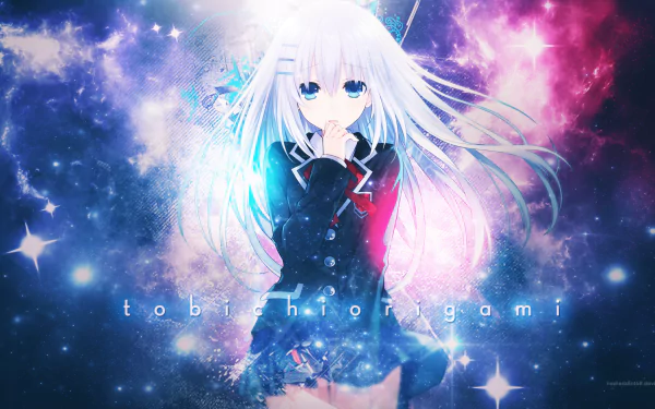 HD desktop wallpaper featuring Origami Tobiichi from the anime Date A Live, set against a vibrant, galaxy-themed background.