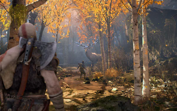 A visually striking HD wallpaper from the video game God of War (2018), showcasing a vibrant forest scene with Kratos and Atreus amidst autumn foliage and mystical lighting.