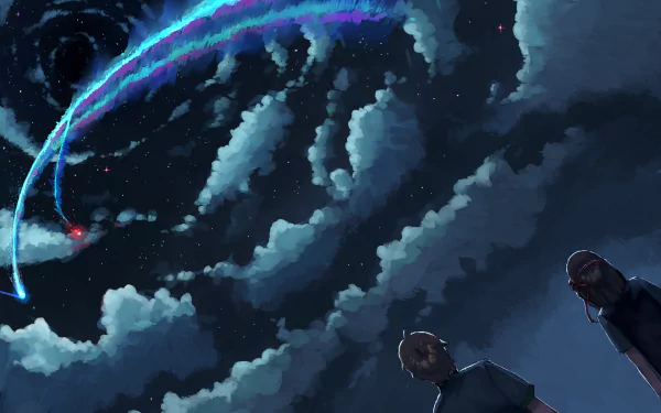 HD wallpaper featuring Taki Tachibana and Mitsuha Miyamizu from the anime Your Name, set against a cosmic sky filled with swirling clouds and vibrant colors.