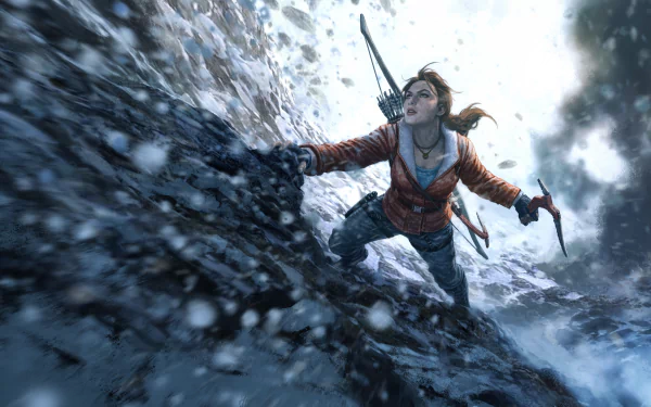 A dynamic HD wallpaper featuring Lara Croft from Rise of the Tomb Raider, showcasing her determination as she scales a snowy cliff in an adventure-filled scene.