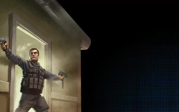 HD PC desktop wallpaper featuring a tactical character from the video game Project IGI 2, aiming two pistols against a dark, grid-patterned background.