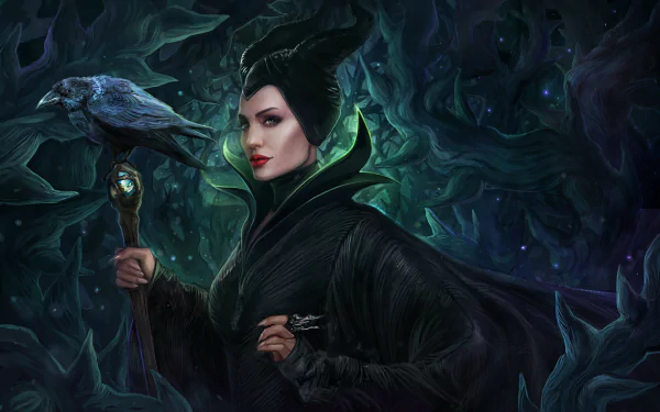 HD desktop wallpaper featuring Angelina Jolie as Maleficent, dressed in dark robes with a raven perched on her staff, set against a mystical forest background.