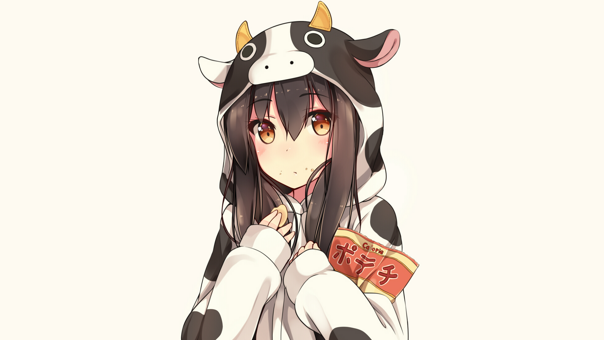 A young girl in a cow-themed hoodie holds snacks, looking playfully at the viewer. This original anime art serves as a vibrant HD PC desktop wallpaper and background.