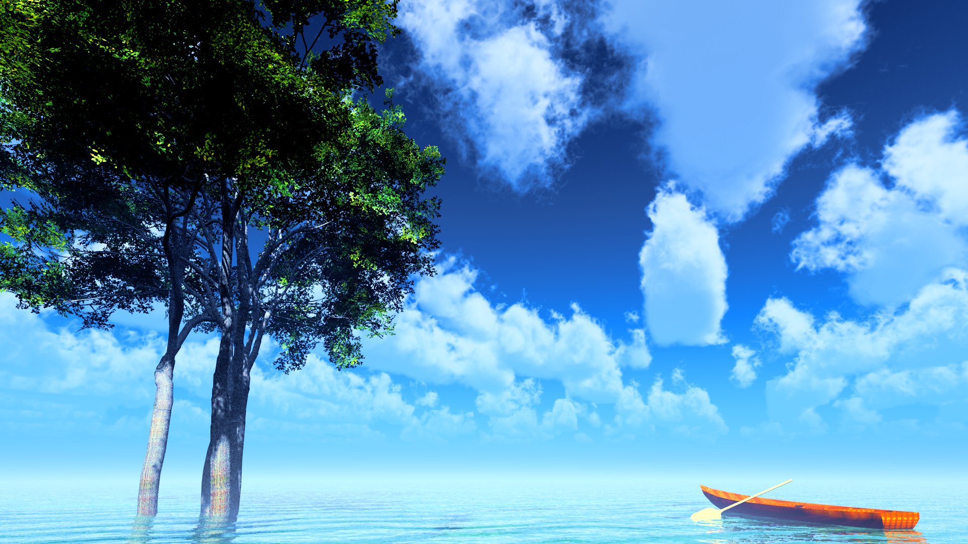 A serene anime-inspired HD wallpaper featuring a tranquil scene with a boat on calm water, framed by lush trees and vibrant blue skies dotted with fluffy clouds.