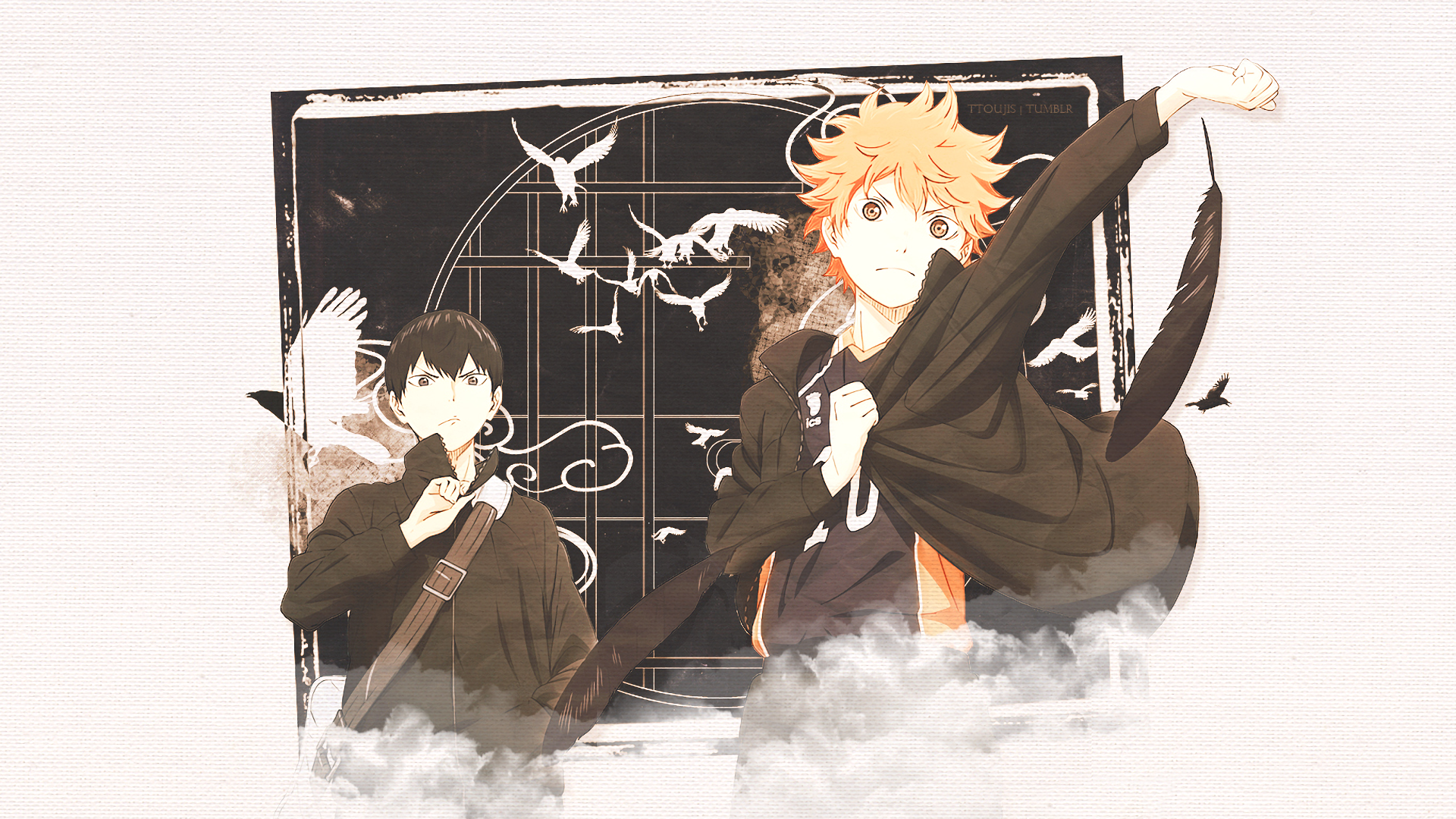 A vibrant HD anime wallpaper featuring characters from Haikyū!!, set against a stylish backdrop with birds and swirling clouds, capturing dynamic motion and energetic expressions.