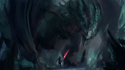 HD fantasy PC desktop wallpaper featuring a dark, menacing dragon towering over a lone figure wielding a glowing red sword in a shadowy, mysterious landscape.