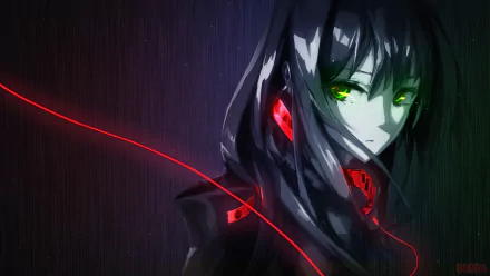 HD anime wallpaper featuring Rin Shibuya from The iDOLM@STER Cinderella Girls with black hair and striking green eyes against a dark, moody background.