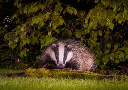 HD desktop wallpaper featuring a badger resting on grass with lush green foliage in the background, showcasing wildlife in a natural setting.