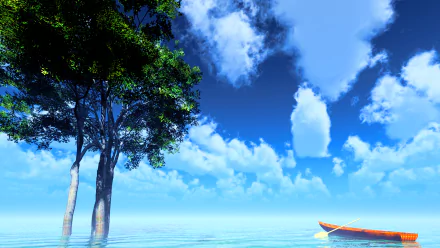A serene anime-inspired HD wallpaper featuring a tranquil scene with a boat on calm water, framed by lush trees and vibrant blue skies dotted with fluffy clouds.