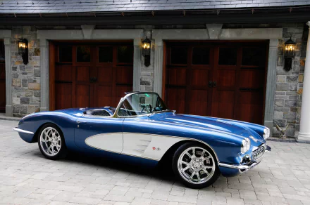 Blue 1959 Chevrolet Corvette hot rod muscle car vehicle parked before a stone garage, HD PC desktop wallpaper and background.