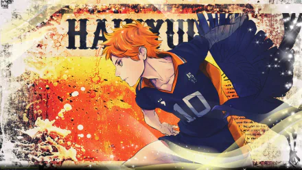 HD anime desktop wallpaper featuring Shōyō Hinata from Haikyū!! in dynamic volleyball action with vibrant orange and black tones.