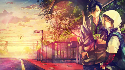 Anime scene from Haikyū!! featuring two characters standing at a serene bus stop surrounded by vibrant colors and autumn foliage, creating a captivating HD desktop wallpaper.