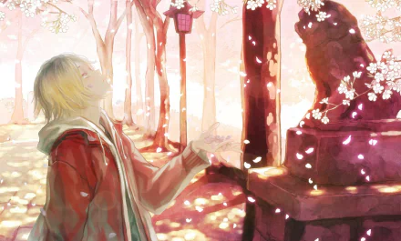 A serene HD anime wallpaper inspired by Haikyū!!, featuring a character in a red jacket surrounded by cherry blossoms and soft sunlight filtering through a tranquil landscape.