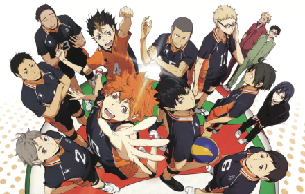 Anime-inspired HD wallpaper featuring the characters from Haikyū!!, capturing the energy and teamwork of the volleyball team in vibrant colors and dynamic poses.