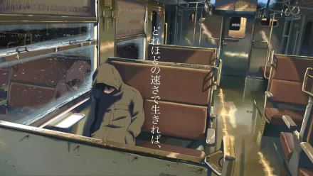 HD PC desktop wallpaper featuring an anime scene by Takaki Touno from 5 Centimeters per Second, depicting a hooded figure sitting alone on a train.