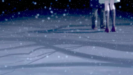 HD anime wallpaper from 5 Centimeters per Second featuring Takaki Touno and Akari Shinohara standing together in a softly falling snow scene.