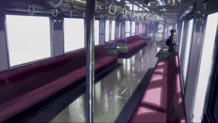 HD anime desktop wallpaper from Takaki Touno's 5 Centimeters per Second, depicting a quiet, empty train interior with soft lighting and a solitary figure.
