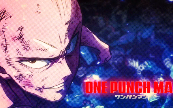 Saitama from One-Punch Man gazes confidently, surrounded by vibrant colors, in this striking 4K Ultra HD desktop wallpaper. A dynamic representation of the iconic anime character.