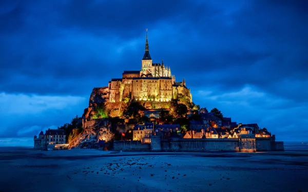 building blue night monastery France religious Mont Saint- Michel HD Desktop Wallpaper | Background Image