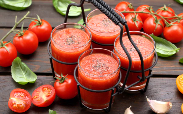 8K Ultra HD desktop wallpaper: still life of three glass jars of tomato juice in a metal carrier, surrounded by cherry tomatoes, basil leaves and garlic on a wooden table.