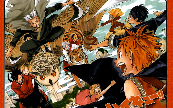 HD PC desktop wallpaper featuring dynamic anime characters from Haikyū!! in action-packed poses against a vibrant sky background.