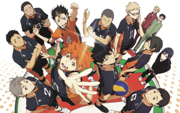 Anime-inspired HD wallpaper featuring the characters from Haikyū!!, capturing the energy and teamwork of the volleyball team in vibrant colors and dynamic poses.