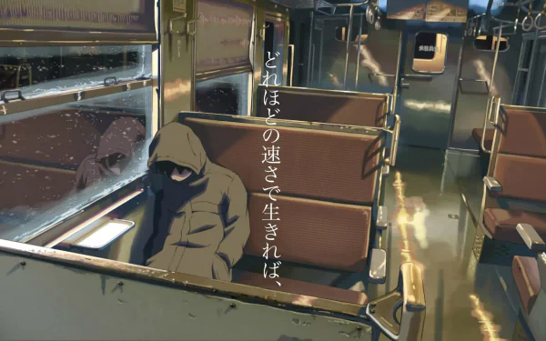 HD PC desktop wallpaper featuring an anime scene by Takaki Touno from 5 Centimeters per Second, depicting a hooded figure sitting alone on a train.