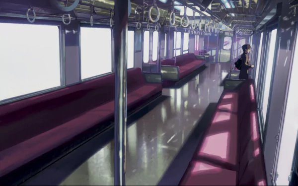 HD anime desktop wallpaper from Takaki Touno's 5 Centimeters per Second, depicting a quiet, empty train interior with soft lighting and a solitary figure.