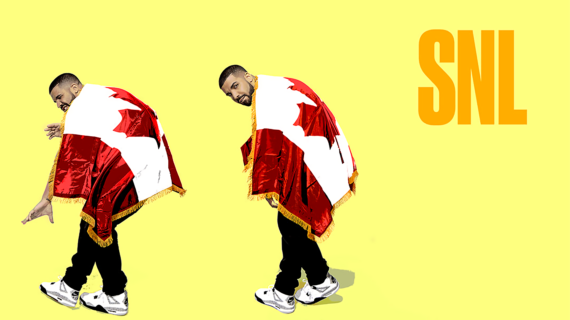 HD desktop wallpaper featuring singer Drake draped in a Canadian flag, with SNL text, referencing the TV show Saturday Night Live.